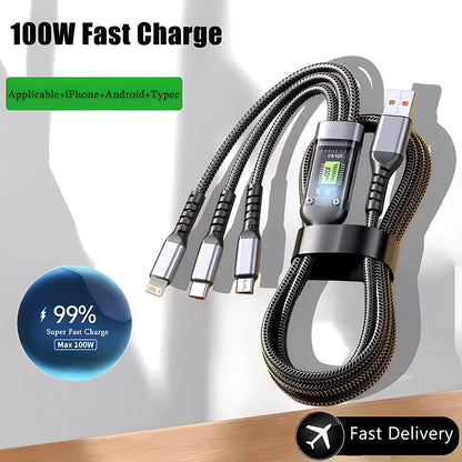 100W Fast Charging Cable - Nylon Braided 3-In-1 Multi USB Charging Cord
