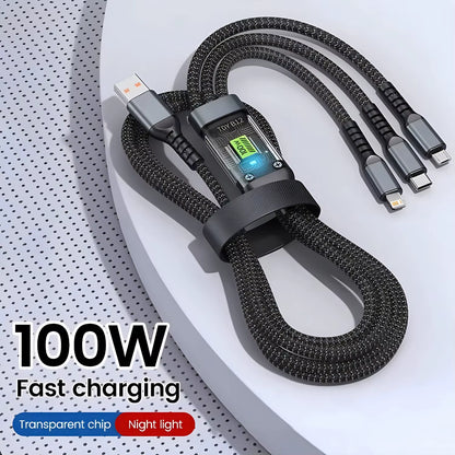 100W Fast Charging Cable - Nylon Braided 3-In-1 Multi USB Charging Cord