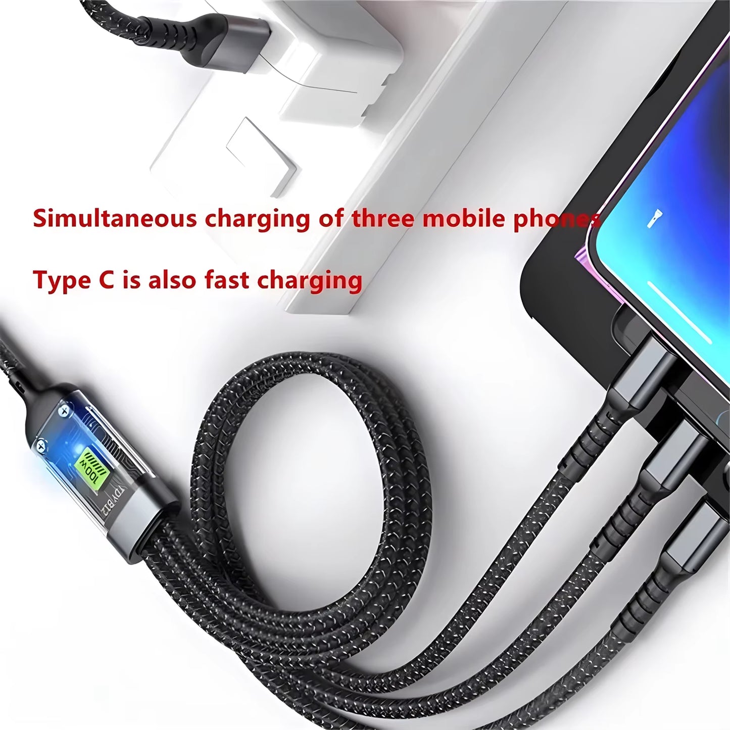 100W Fast Charging Cable - Nylon Braided 3-In-1 Multi USB Charging Cord
